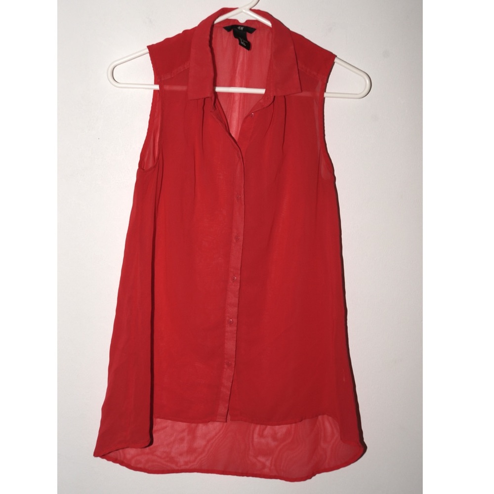 Sheer red sleeveless button down shirt